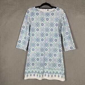 Cabana Life Dress Womens Small Blue White Geometric Print 3/4 Sleeve Tunic Boho